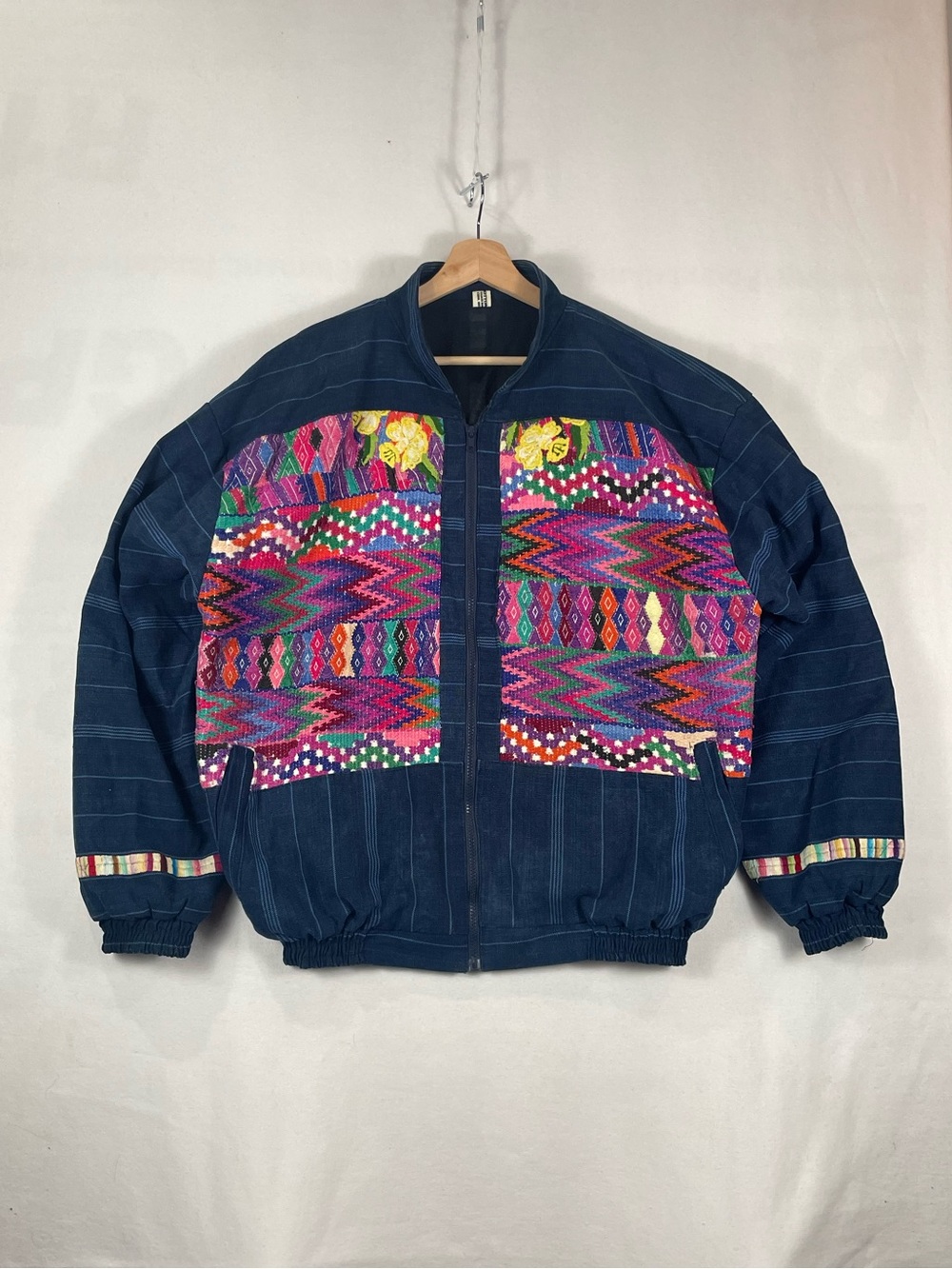 Vintage Handmade Guatamala Patchwork Embroidered Cotton Navy Blue Jacket Sz XL